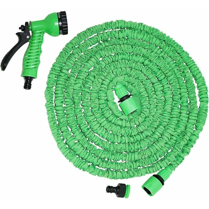 Set furtun de gradina extensibil, 15m, 7 jeturi, verde