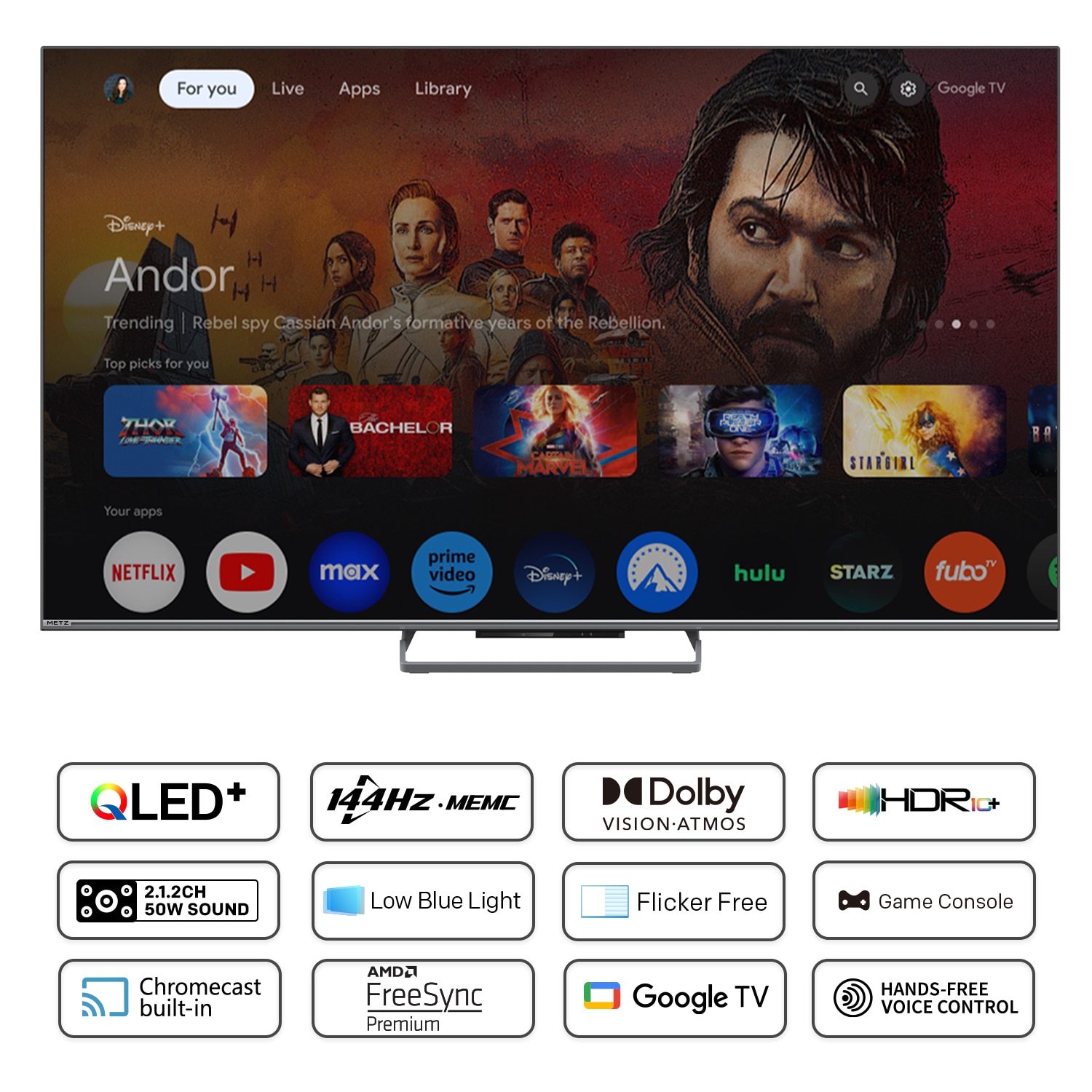 Televizor METZ QLED 55MQE8000, 139 cm, Smart Google TV, 4K Ultra HD, 100 Hz, Clasa F (Model 2024)