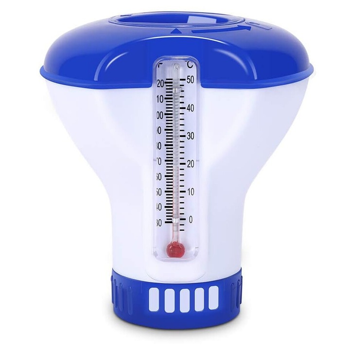 Úszó klórtabletta-adagoló hőmérővel, Zulbceo, úszómedencékhez, újrafelhasználható, 20-25 tabletta kapacitása