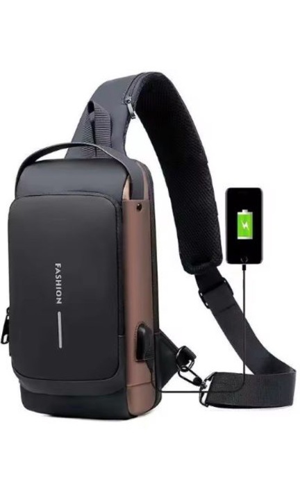 Geanta crossbody de umar sau de mana, cu suport incarcare USB, buzunar antifurt, negru cu maro