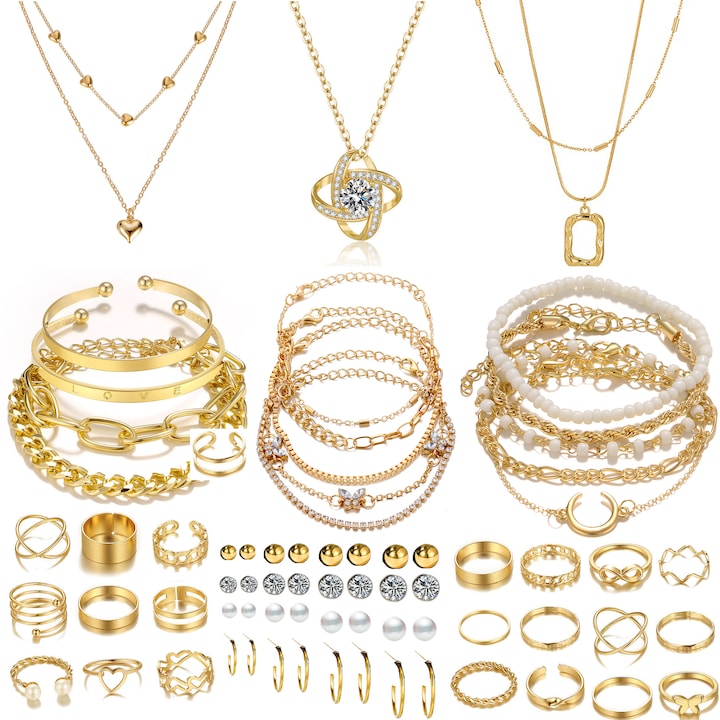 Set 44 bijuterii, placate cu aur, coliere, bratari, cercei, inele, multicolor, pentru femei