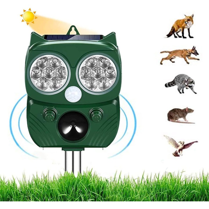 Ултразвуков репелент за котки, AMRINUGL, захранван от слънчева енергия, водоустойчив, инфрачервен сензор