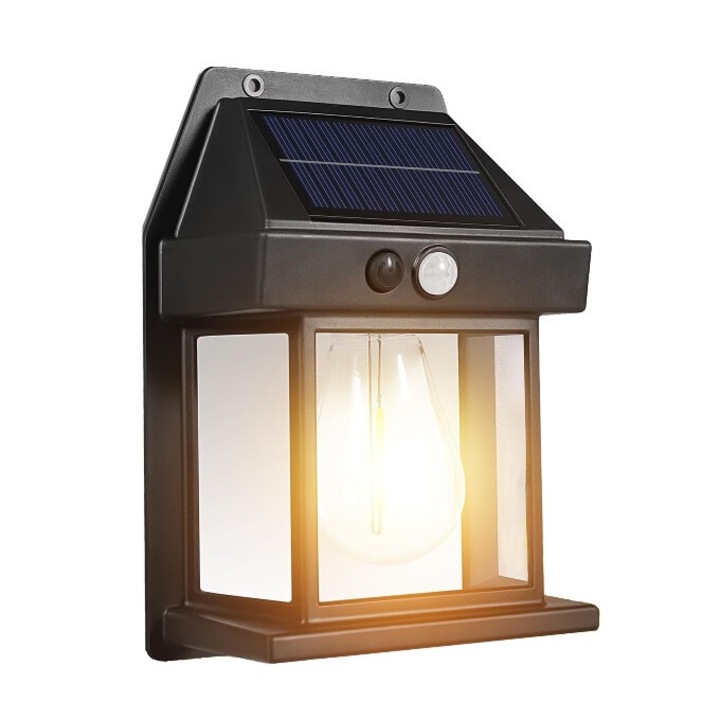 Lampa solara de perete, tip felinar, cu senzor de miscare, 3 moduri de lumina, acumulator de 1200mAh, panou solar incorporat, negru