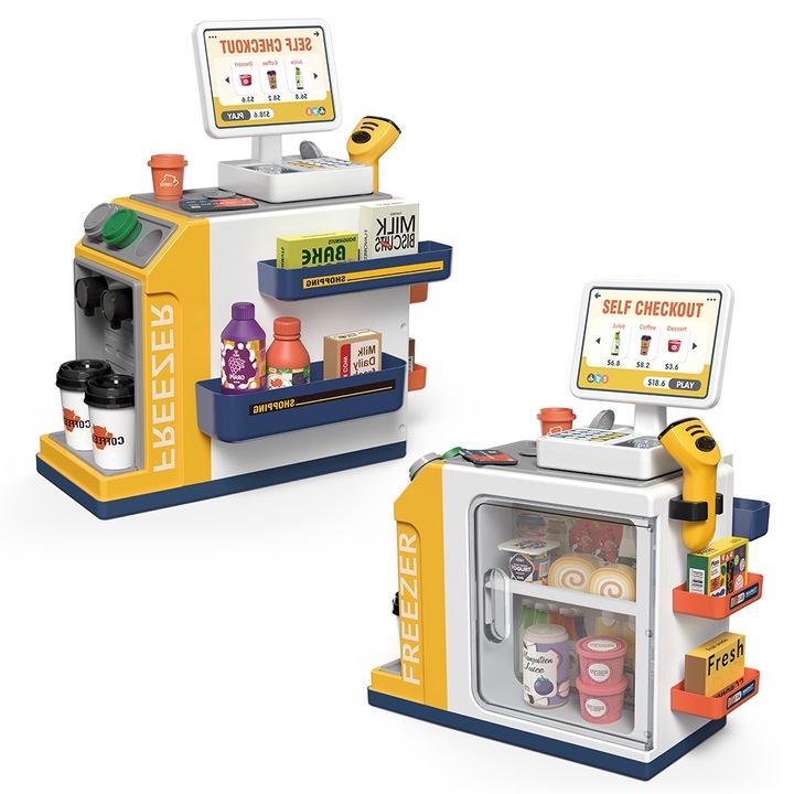 Комплект за пазаруване в супермаркет KidProtect® MiniMart Express, интерактивна и образователна функция, POS, скенер, звуци и светлини, 46 аксесоара, височина 41 cm