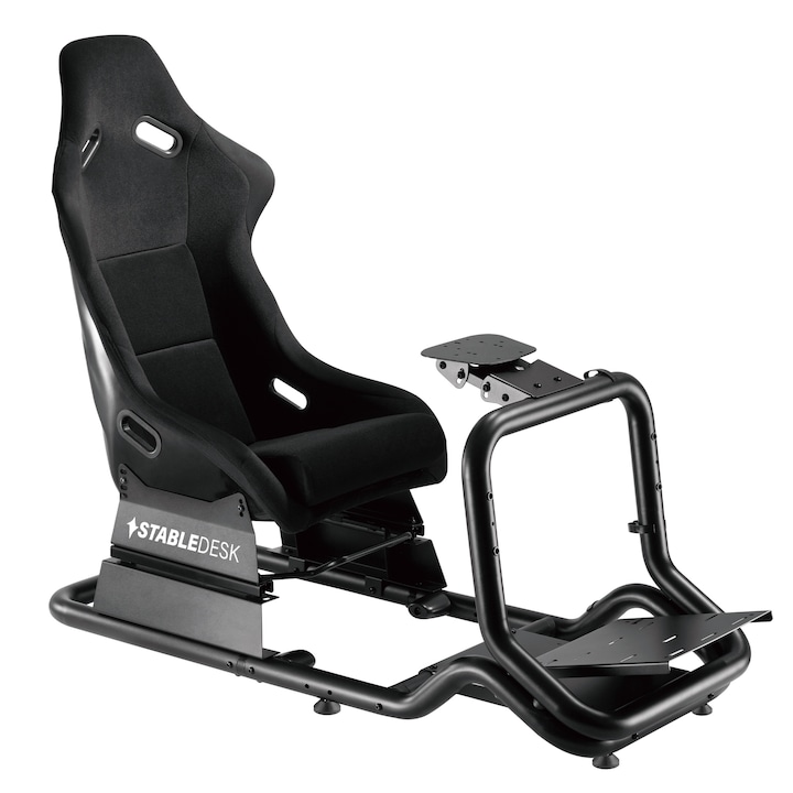 Кокпит Racing Simulator StableDesk, геймърски стол с регулируема височина и наклон, стойка за волан и педали, черен