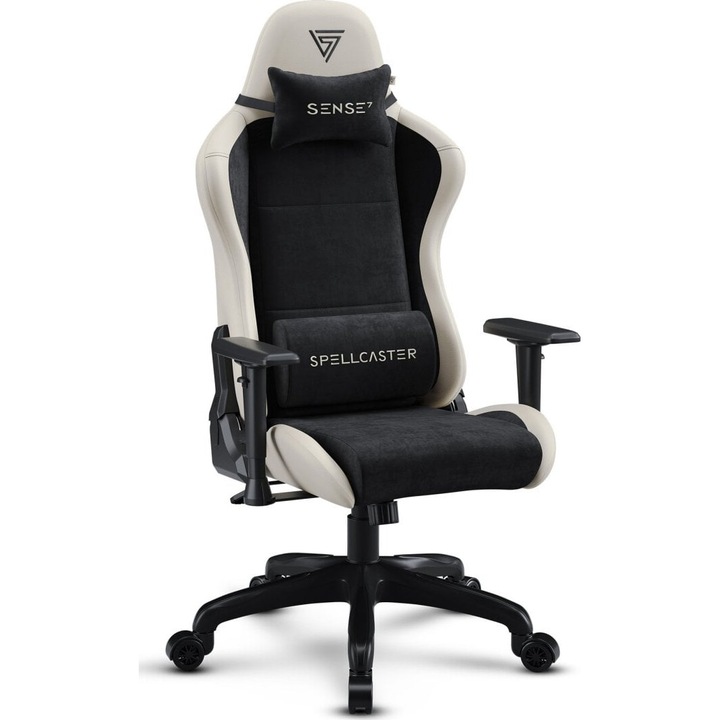 Scaun gaming SENSE7 Spellcaster FUKU, Piele Ecologica HDE™, Greutate maxima: 150 kg, cu suport lombar, cu perna tetiera, spatar reglabil (unghi de 90-160°), rotativ, cotiere reglabile, reglare inaltime sezut, Bej