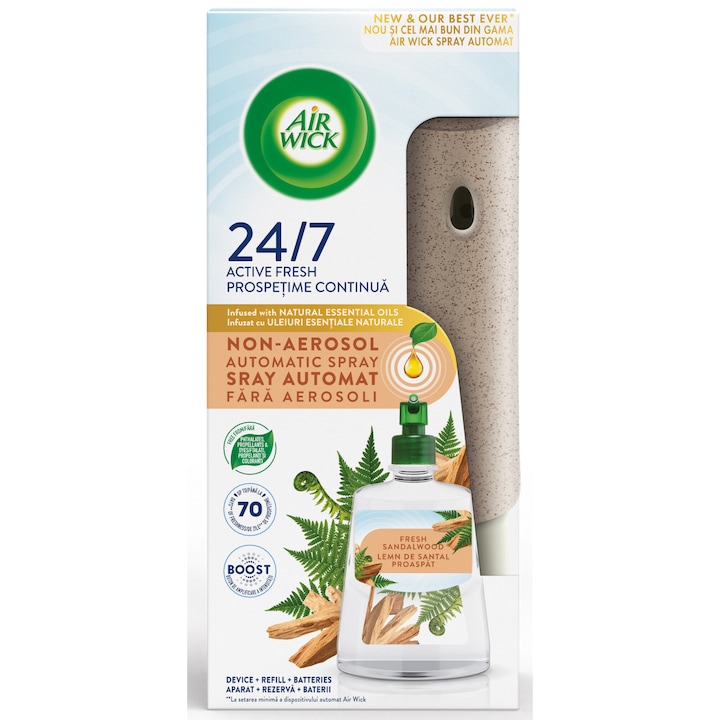 Ароматизатор за стая без аерозоли Air Wick Automatic Spray Kit, Fresh Sandalwood, 228 мл
