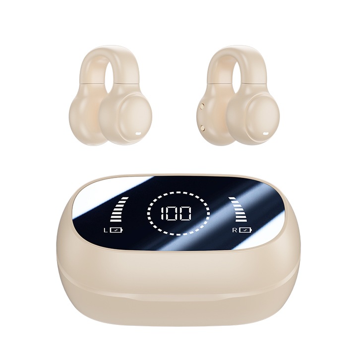 Безжични слушалки, Bluetooth 5.4, микрофон, 40 часа живот на батерията, бежов цвят, тип за поставяне в ушите