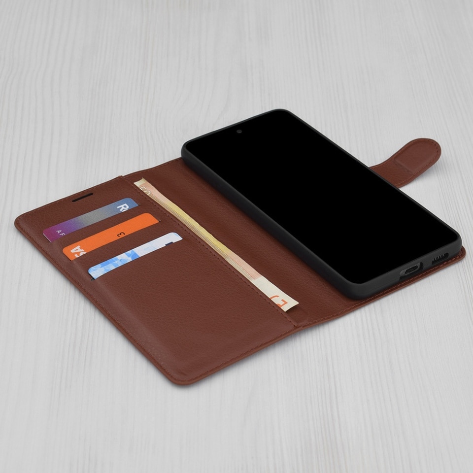 Husa pentru Xiaomi Redmi Note 15 Pro 5G, SKYDDAR INNOVATION, Leather Folio tip Carte, cu Portofel Interior, Finisaje Premium, set cu sticker, Maro