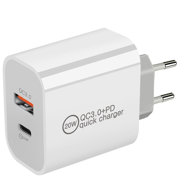 Mobiltelefon-töltő, Minetgnon®, PD20W QC3.0 kétportos gyorstöltő, töltőfej adapter, 8X4,4X2,4 cm, Fehér