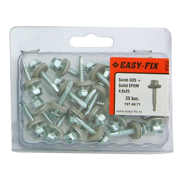 Surub autoforant pentru tabla, cu cap hexagonal + saiba EPDM, Easy-Fix, din otel, zincat alb, 4.8 x 25 mm, set 25 bucati