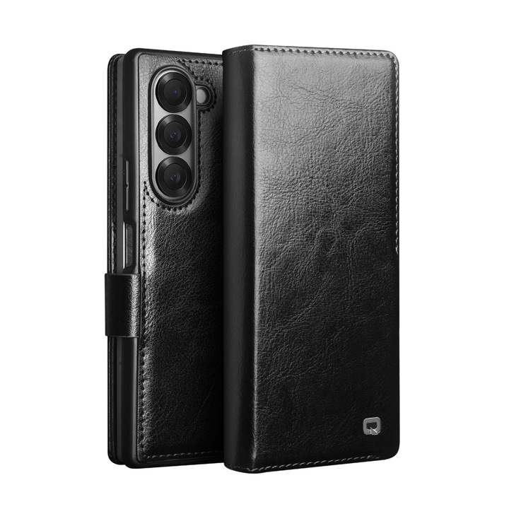 Husa pentru Samsung Galaxy Z Fold6, Qialino Magnetic Classic Wallet, din piele naturala fina, inchidere sigura magnetica, protectie rama telefon, cu buzunare carduri si bani, culoare Negru
