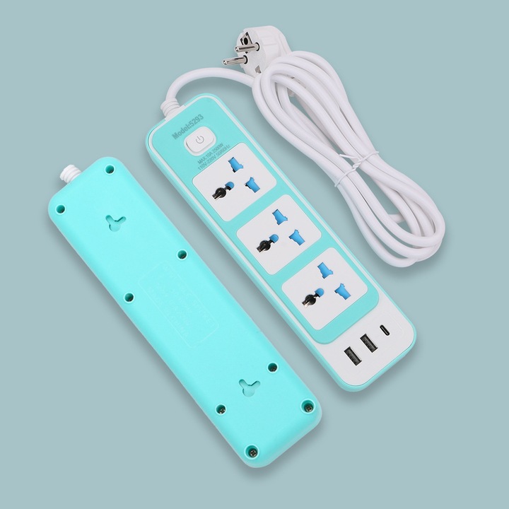 Удължителен Kабел бързо зареждане, 3 Cъединителя, Cъвместими US/EU/UK, 3 USB - 1 Tип C, бутон ON/OFF, дължина Hа Kабела 2 м, Бяло и Tюркоазено, Madette Line
