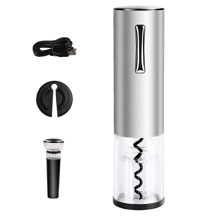 Set Pentru Vin Cu Tirbuson Electric Reincarcabil, Taietor Folie, Aerator Turnare, Dop Vacuum, Cablu USB Inclus, Inox/Plastic, Argintiu, EDAR