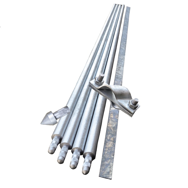 Kit Impamantare cu 4 Electrozi Tip BP, D=20 x 1500 mm Zincati la cald, 1 Varf Ghidaj, 1 Clema Conexiune Si 1.5 Platband Fara Sapaturi pentru Case, Garduri Electrice, Panouri solare