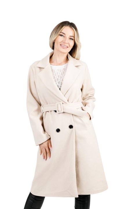 Елегантно палто в цвят екрю с колан на талията, полиестер, един размер INTL
