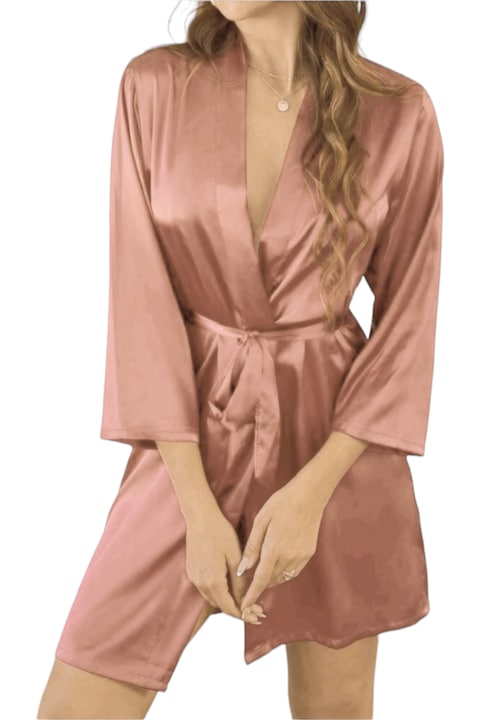 Дамски халат StarFashion, С три четвърти ръкав и връзка, Прашно розово