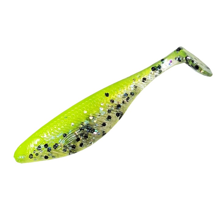 Set 4buc shad Fat Teez, 9cm, culoare Chartreuse Back Kaleido, FTZ9D003, pentru pescuit la biban, salau, stiuca sau somn