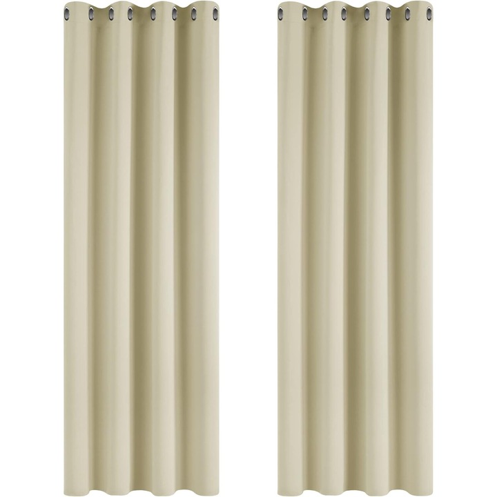 2 db Deconovo átlátszatlan, hőszigetelő függöny szett, szoba elsötétítésére és energiatakarékosságra, fém gyűrűkkel, 135 x 240 cm, bézs