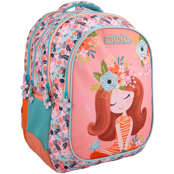 Ghiozdan, Must, 4 compartimente, 32x26x43, design fetita cu flori