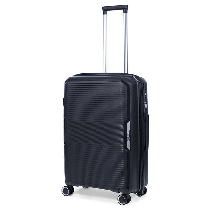 Troler mediu extensibil TravelZ Swinger, polipropilena, cifru TSA, 4 roti duble, 67 cm, negru