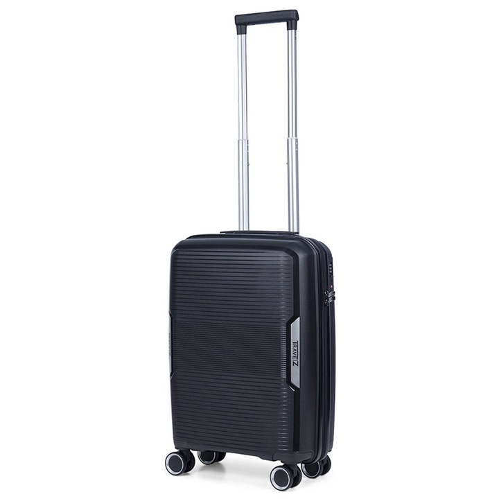 Troler de cabina TravelZ Swinger, polipropilena, cifru TSA, 4 roti duble, 55 cm, negru
