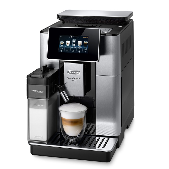 Espressor automat De’Longhi PrimaDonna SOUL ECAM 610.75.SB, 1450W, 21 tipuri de bauturi, 19 bari, Carafa pentru lapte, Sistem LatteCrema, Rasnita cu tehnologie Bean Adapt, Coffee Link App, Argintiu