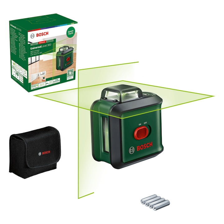 Nivela laser Bosch UniversalLevel 360 verde cu linii transversale + trepied TT 150 + MM 3