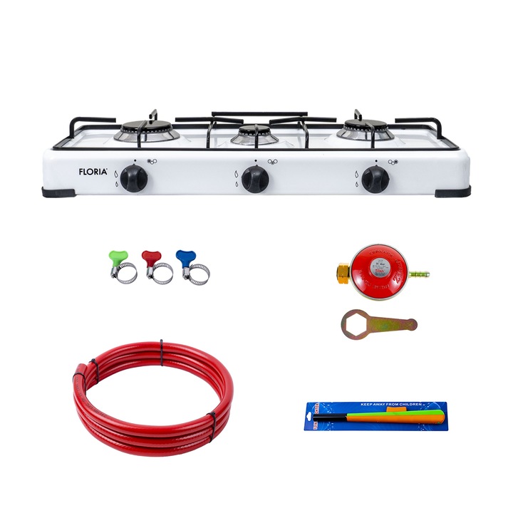Пакет печка с 3 котлона, 62×30 см плюс (цилиндър часовник, 2 м газов маркуч, 3 накрайника за маркуч, запалка) бяло / ZLN 7139_1