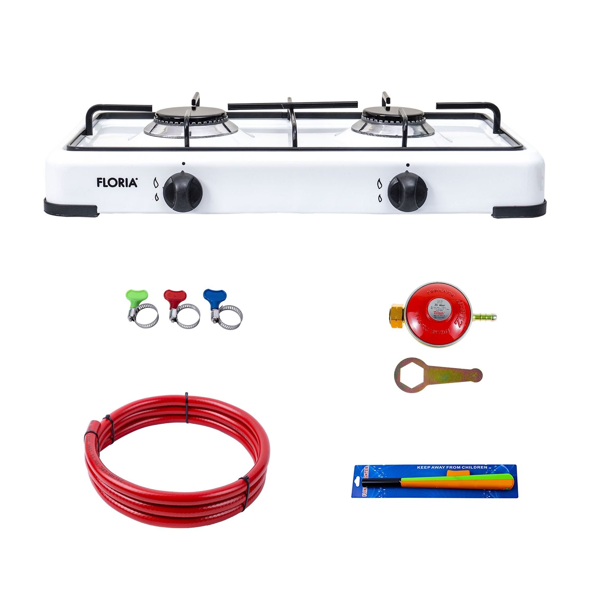 Pachet aragaz 2 ochiuri, 51×28 cm plus (ceas pentru butelie, 2 m furtun pentru gaz, 3 coliere pentru furtun, aprinzator) alb / ZLN 7129_1