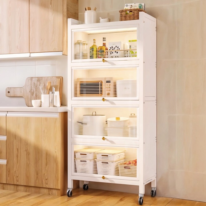 Dulap bucatarie modular, 5 rafturi, structura metalica, cu roti, alb, 150x70x36cm, Callena