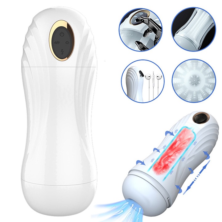 Masturbator barbati automat, Yingyun®, 10 moduri de vibratie, 5 moduri de aspirare, Texturi 3D realiste, Sistem vocal integrat, cu casti, Incarcare USB, Alb