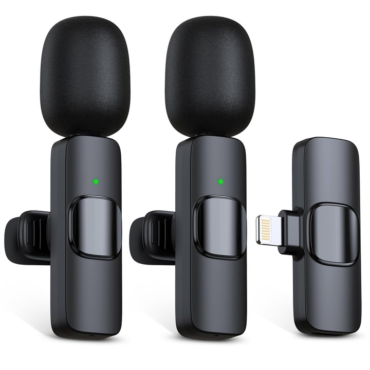 Set 2 Microfon Lavaliera profesionala Wireless, Bolongking®, IOS, Reincarcabile portabil pentru lightning, plug and play, vlogging, interviuri, intalniri, streaming live, inregistrare video