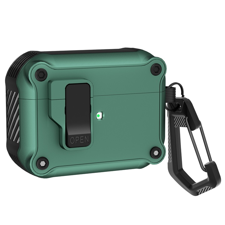 Husa casti, BOLONGKING®, Compatibil cu AirPods Pro 2, In stil mecha, Materialul TPU, Echipat cu breloc, Verde