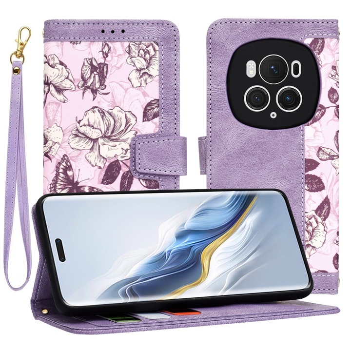 Husa tip carte pentru Honor Magic6 Pro, Accesorio Flip Craft, Mysterious Purple