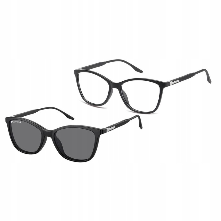 Ochelari de soare dama Sunoptic CLIP-TRC-186-1, polarizati, forma ochi de pisica, negru, set etui + laveta