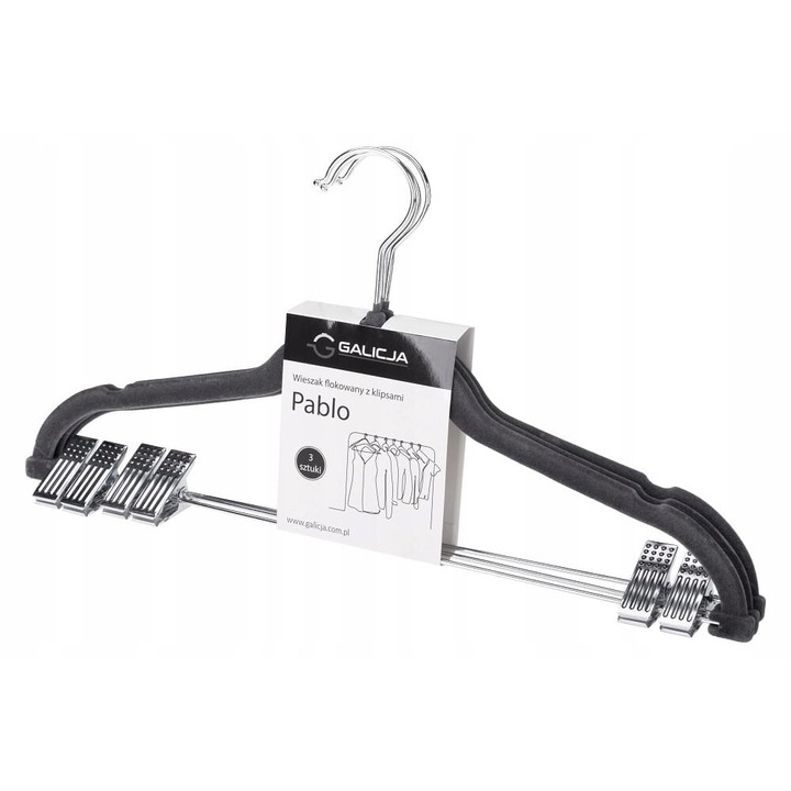 Комплект от 3 закачалки Galicja с щипки, спестяващи място, 42,5x22,5 см, тъмносиви
