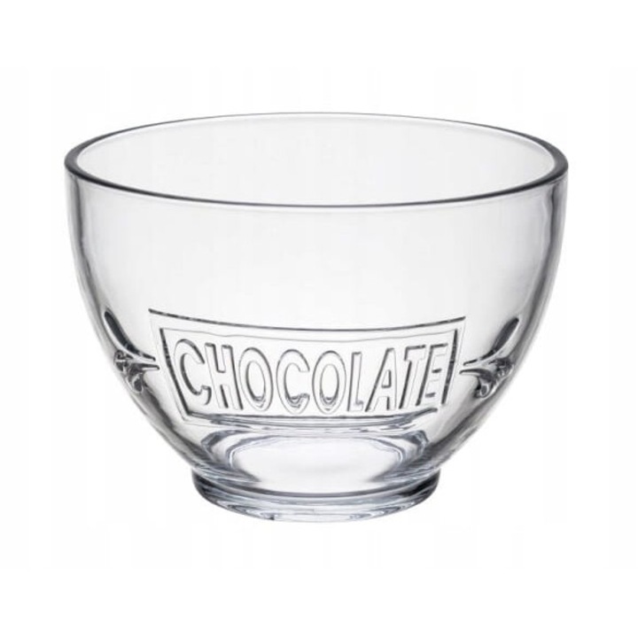 Bol Galicja, sticla grosa, inscriptie GRAINS/MILK/CHOCOLATE, transparent, 680ml, 12.7x9cm