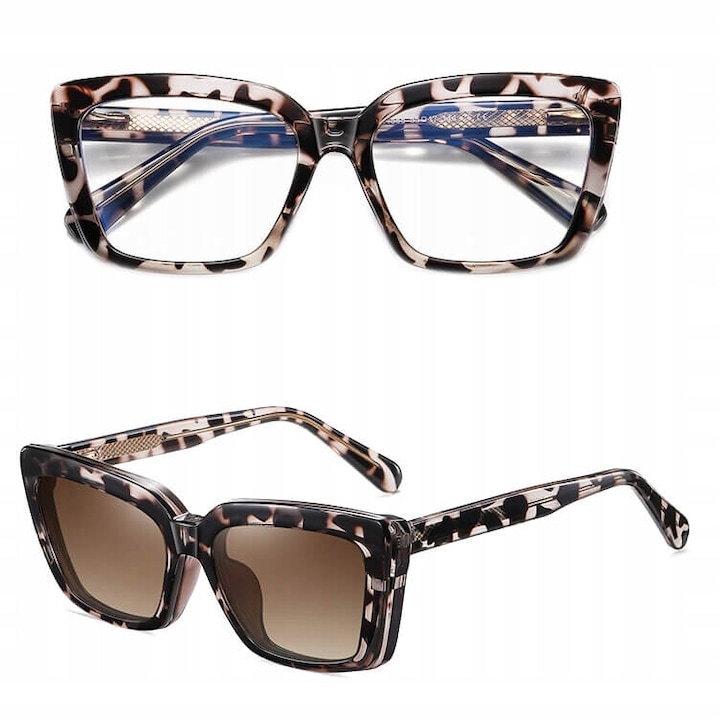 Ochelari de vedere Stylion, Cat Eye, filtru Blue Light + Clip-on polarizat, panter, 55x17x144mm