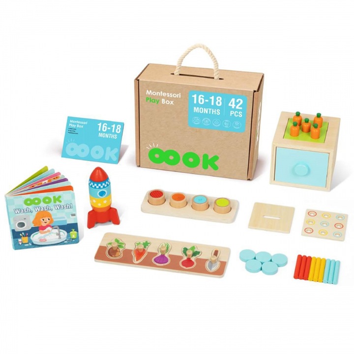 Set Educational Montessori Tooky Toy, Lemn, Multicolor, +16 luni