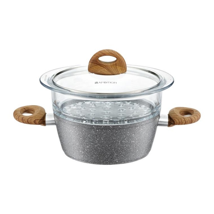 Тенджера за пара с капак, Ambition, алуминий с ефект камък, 20см, сива/прозрачна, 2.3L