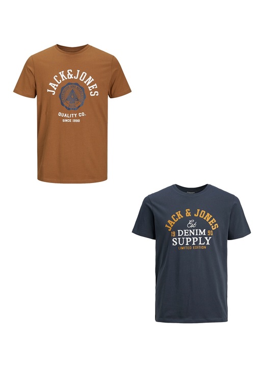 2 db-os férfi póló készlet, Jack & Jones, pamut, barna/Albastrudsazxf, Barna/Sötétkék