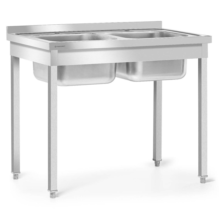 Маса от неръждаема стомана с мивка с две корита, Forgast, Размери на масата 100x60x85 см, За самостоятелно сглобяване