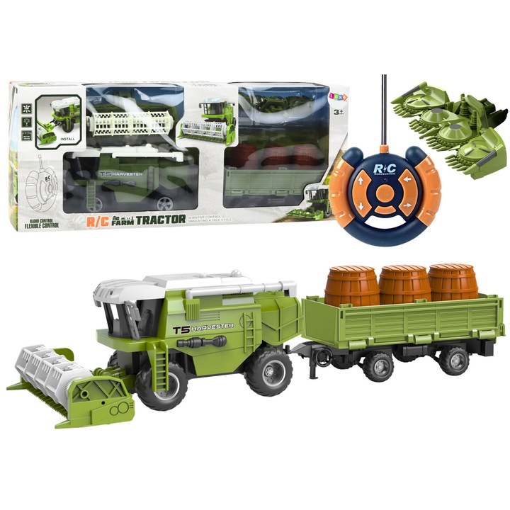 Комбайн с дистанционно управление, LEAN TOYS, зелен, комплект с 2 косачки и ремарке с 3 варела, 22x12x14см