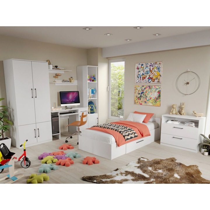 Set Mobila Dormitor Tineret, Mihai C13, Dulap 83 cm, Corp polite, Pat cu lada, Birou, 2 Polite Suspendate, Comoda