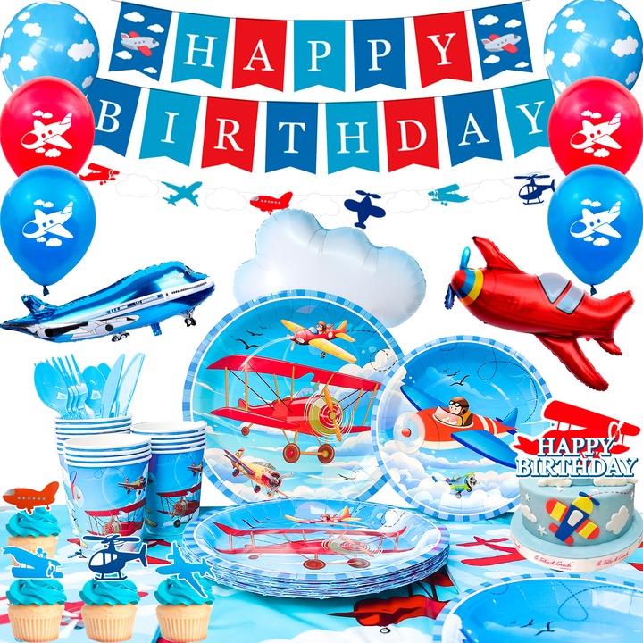 Set 167 piese vesela petrecere si decoratiuni aniversare copii, InBoxxarty, Accesorii Petrecere Tematica Avion, Include farfurii, Tacamuri, fata de masa, stegulete decorative, baloane etc, Tematica Avion, Multicolor