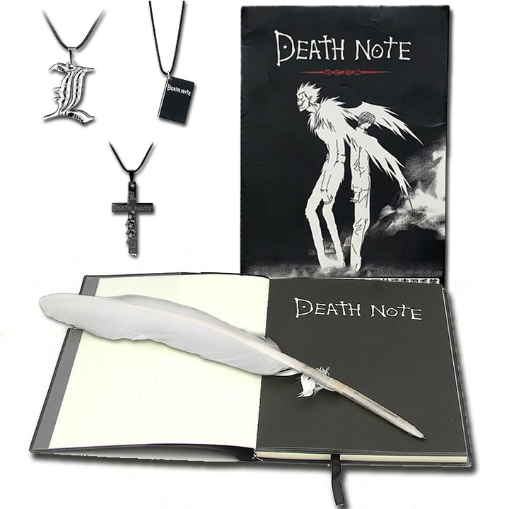 Jurnal Death Note, coperta din piele neagra, set cu 1 pana si 3 coliere