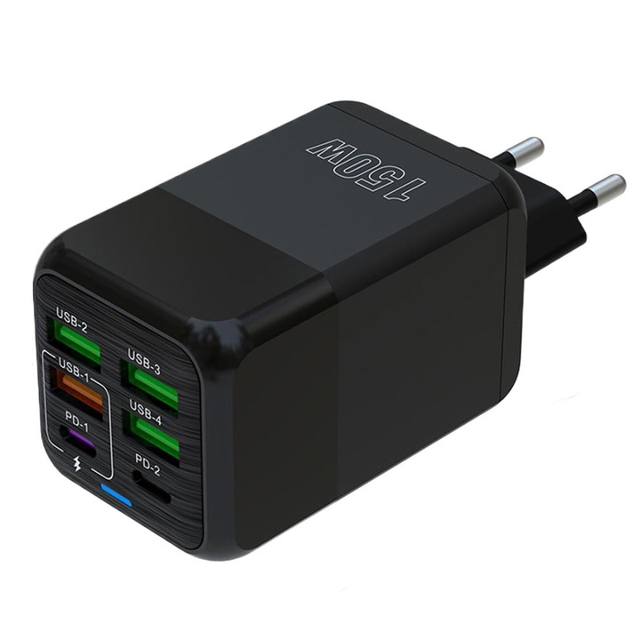 Statie de incarcare 6-in-1, sktonefly®, 150W, 2 porturi Type-C, 4 porturi USB-A, protectie avansata, portabil