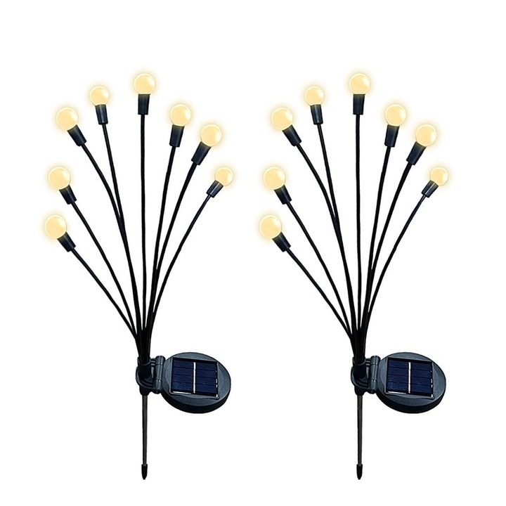 Set 2 Lampi solare de gradina, decoratiuni exterioare,8LED, rezistente la apa, pentru terasa si alei, negru si cald, efect de licurici, 76x5x5cm
