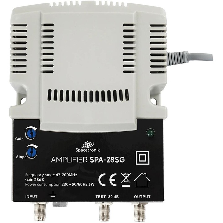 Усилвател на телевизионен сигнал, Spacetronik, SPA-28SG, 1 вход, 2 изхода, 28 dB, черен / сив